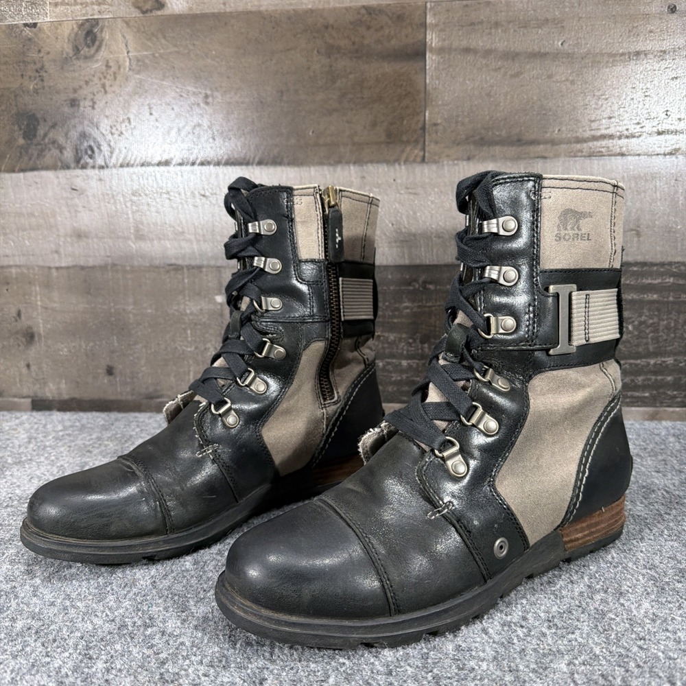Sorel Boots Major Carly Women's 8 Black Grill Grey Canvas Leather Combat NL2157